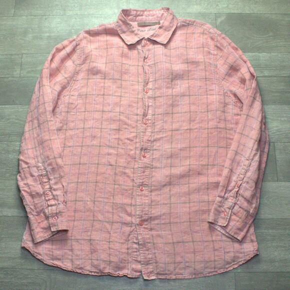 Vintage Raffi Linea Uomo Shirt Mens XL 54 Check Coral 100% Linen Button Up Italy - Picture 2 of 4